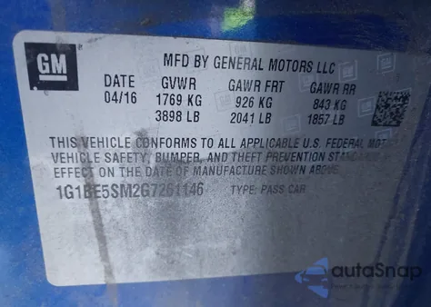2016 Chevrolet Cruze Lt Auto from USA, damaged, VIN 1G1BE5SM2G7261146